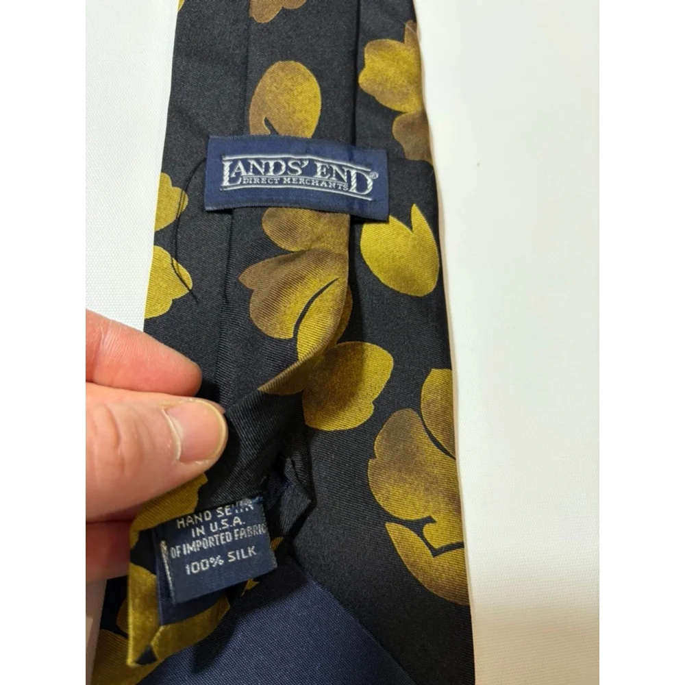 Lands’ End Silk Tie Navy Gold Floral Long Handmade USA